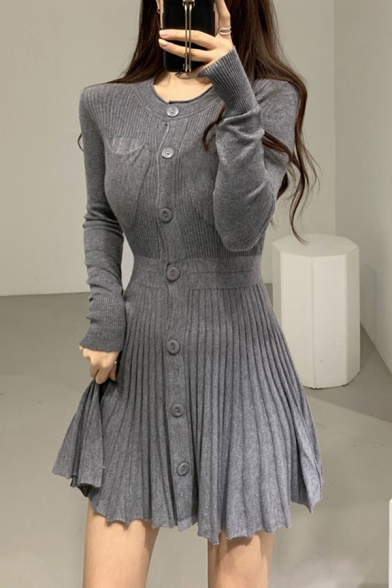 Fashionable A-Line Dress Solid Color Pleated Design Button-down Waist-Banded Round Neck Long-sleeved Slim Fitted A-Line Dress for Women