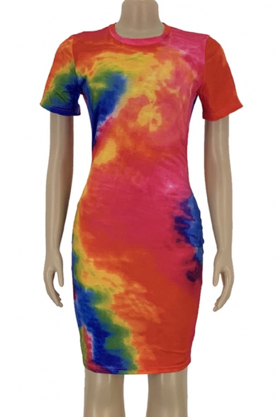Fashionable Women's T-Shirt Dress Tie Dye Pattern Crew Neck Short-sleeved Slim Fitted Midi T-Shirt Dress