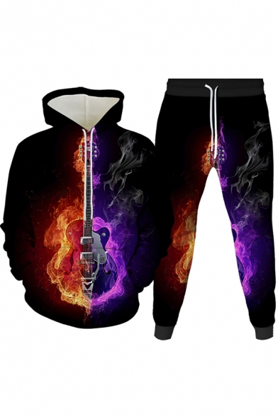 Mens 3D Co-ords Simple Guitar Fire Note Star Print Long Sleeve Hooded Sweatshirt Ankle Length Tapered Pants Slim Fit Jogger Co-ords