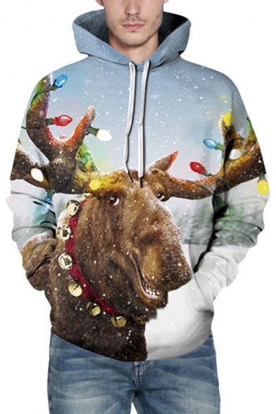 AKIMPE Men Autumn Winter Xmas Hoody Reindeer Feather Hooded Christmas Fur 3D Blouse Top