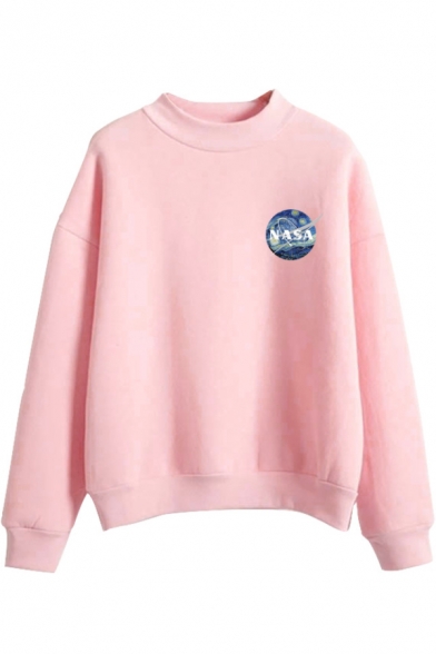 NASA Letter Painting Printed Long Sleeves Mock Neck Relaxed Fit Pullover Sweatshirt