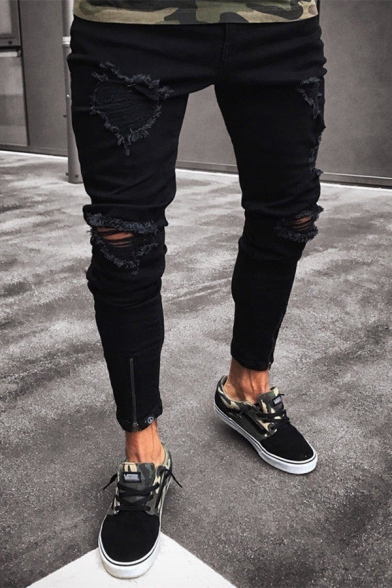 Novelty Mens Jeans Panel Ripped Zipper Vents Ankle Length Slim Fit Tapered Jeans