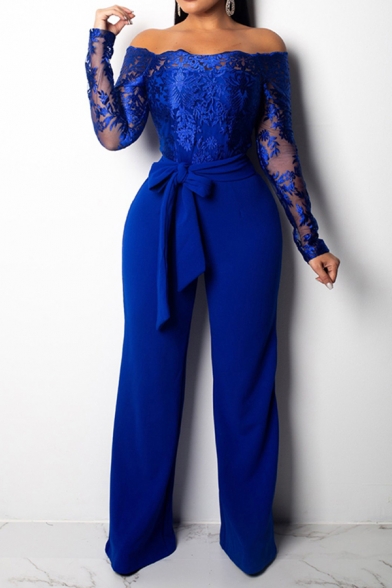 Novelty Womens Jumpsuit Floral Embroidered Tie-Waist Long Sleeve off Shoulder Slim Fitted Wide Leg Jumpsuit