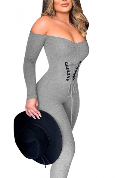 Novelty Womens Jumpsuit Plain Rib Knit Lace-up Corset Waist Long Sleeve off Shoulder Skinny Fitted Jumpsuit