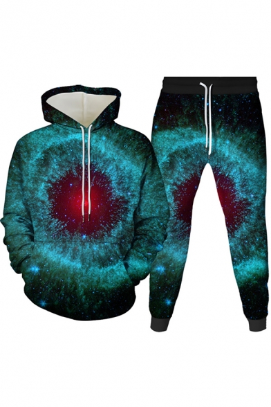 Retro Mens Co-ords 3D Galaxy Alien Head Dove Planet Print Slim Fitted 7/8 Length Tapered Pants Long Sleeve Hoodie Jogger Co-ords