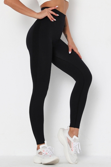 Sporty Womens Yoga Leggings Solid Color Contrast Stitching Elasticity Ribbed High Waist Ankle Length Skinny Leggings