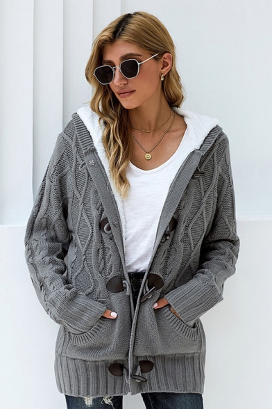 Stylish Women's Cardigan Cable Knit Front Pockets Ribbed Trim Horn Button Closure Plushed Hooded Long Sleeves Regular Fitted Cardigan