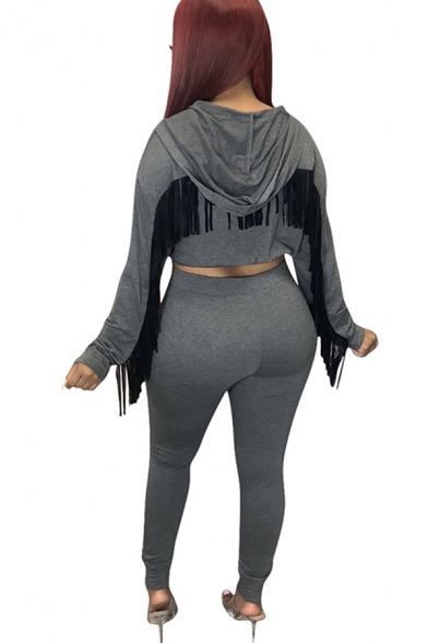 Stylish Womens Set Solid Color Tassel Detail Zip Closure Waist Banded Long-sleeved Hooded Slim Fitted Tee Top with High Waisted Long Pants Co-ords
