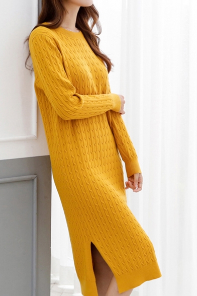 Trendy Women's Sweater Dress Cable Knit Solid Color Side Slit Crew Neck Long-sleeved Regular Fitted Midi Sweater Dress