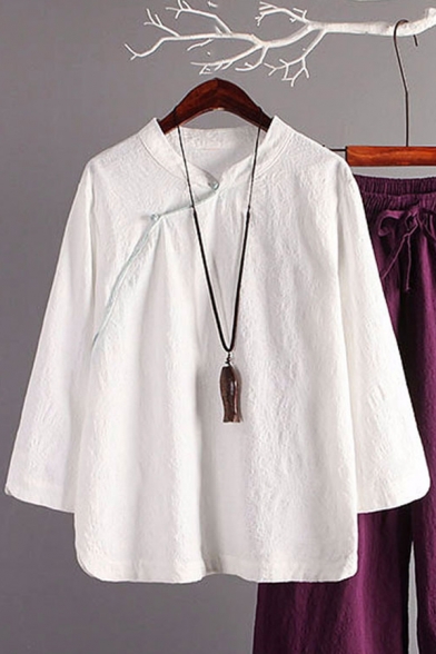 Unique Womens Shirt Cotton Linen Button up Mandarin Collar Regular Fit Long Sleeve Modified Cheongsam Top