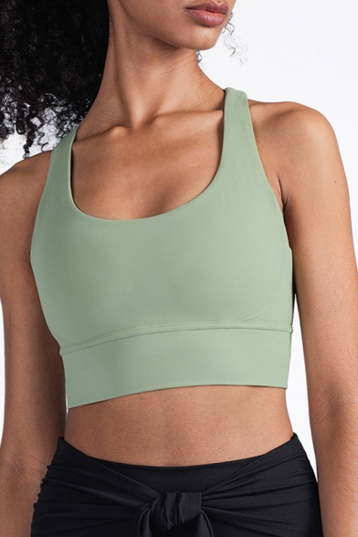 Womens Cami Top Fashionable Solid Color Nude Feeling Cross Beauty-Back Shockproof Skinny Fitted Cropped Sleeveless Scoop Neck Fitness Bra