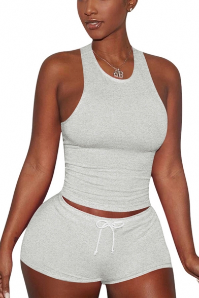Womens Co-ords Fashionable Plain Sweat-Absorbing Ventilation Slim Fitted Shorts Crew Neck Sleeveless Tank Top Co-ords