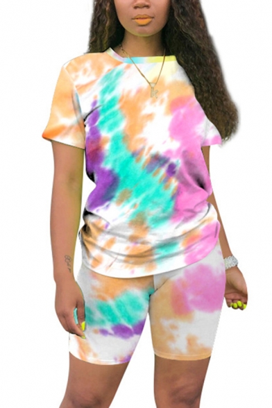 Womens Co-ords Stylish Slim Fitted Shorts Spiral Tie Dye Lip Print Crew Neck Short Sleeve Tee Lounge Co-ords