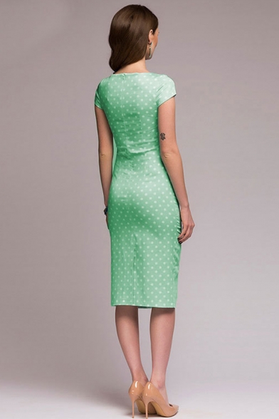 Womens Dress Fashionable Polka Dot Print Knee-Length Slim Fitted Round Neck Short Sleeve Bodycon Dress