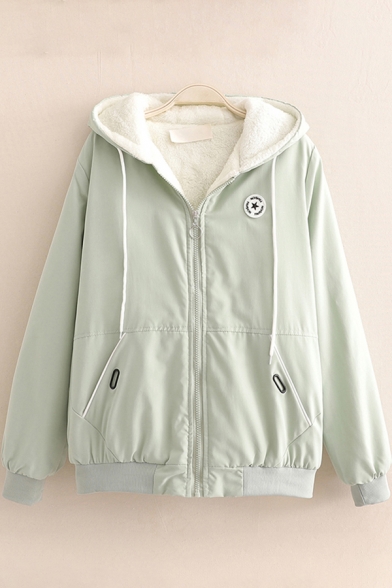 Womens Jacket Fashionable Label Patch Full-Zipper Long Sleeve Hooded Loose Fit Parka