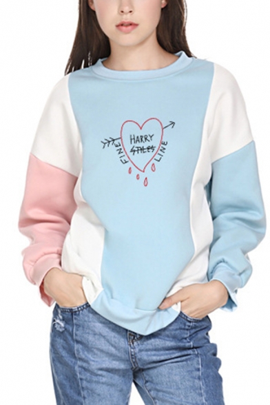 Womens Sweatshirt Fashionable Contrast Panel Arrow Heart Letter Happy Lines Print Loose Fit Long Drop-Sleeve Crew Neck Pullover Sweatshirt