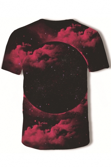 3D Cool Galaxy Cloud Pattern Crew Neck Basic Fitted Black T-Shirt