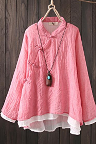 Basic Womens Shirt Contrast Double-Layer Cotton Linen Wrap Front Slant Frog Button Detail Long Sleeve Mandarin Collar Loose Fit Shirt