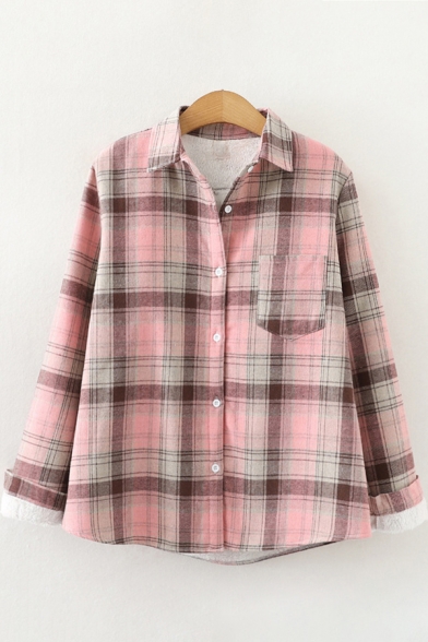 Casual Women's Shirt Plushed Thickened Plaid Pattern Chest Pocket Button Closure Turn-down Collar Regular Fitted Shirt