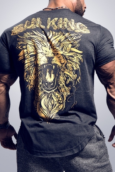 Cool Chic Short Sleeve Round Neck Letter BULKING Lion Graphic Fitted Tee Top for Mens