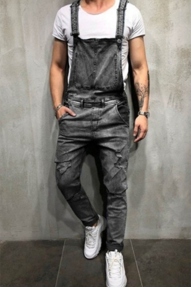 Cool Destroyed Ripped Detail Mens Fitted Denim Overalls Jumpsuits