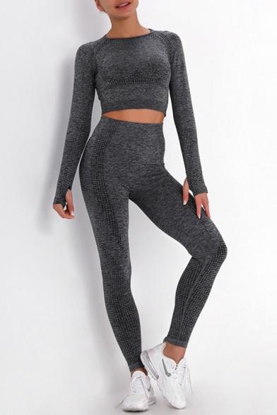Cozy Women's Yoga Set Heathered Contrast Panel Round Neck Long-sleeved Slim Fitted Crop Top with High Waist Seamless Long Pants