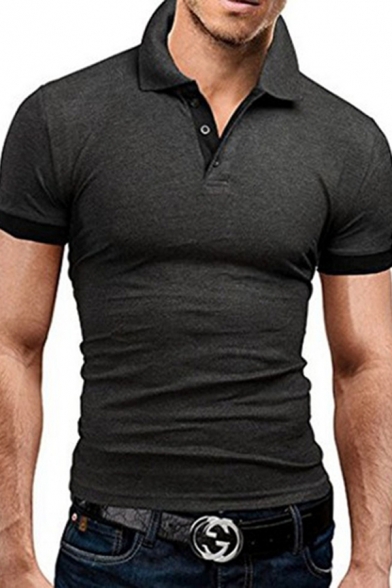 Elegant Men's Polo Shirt Contrast Trim Button Detail Turd-down Collar Short Sleeves Regular Fitted Polo Shirt