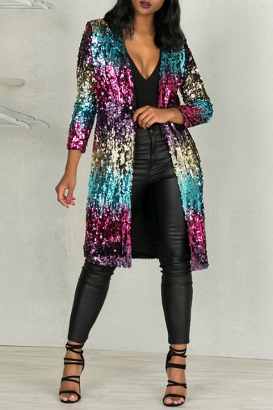 Elegant Women's Jacket Glitter Sequined Detail Color Block Side Pockets Open Front Long-sleeved Regular Fitted Midi Jacket