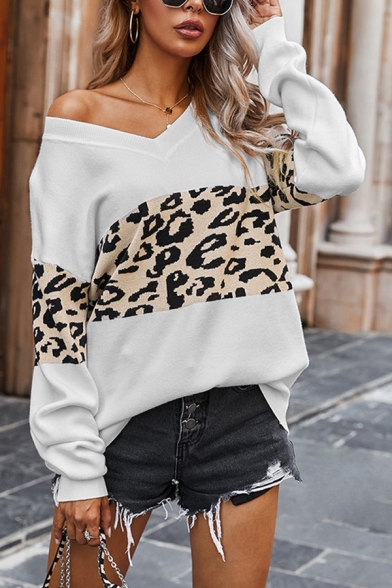 Elegant Women's Sweater Leopard Pattern Color Block Ribbed Trim V Neck Long Sleeve Regular Fit Sweater