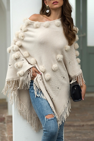 Fancy Shawl Sweater Solid Color Chevron Print Beading Tassel Detail Puffer Ball off the Shoulder Long Sleeves Relaxed Fit Shawl Sweater for Women