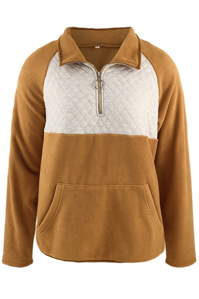 Fancy Sweatshirt Kangaroo Pocket Patchwork 1/4 Zip Collar Detail Stand Collar Long Sleeves Regular Fit Sweatshirt for Women