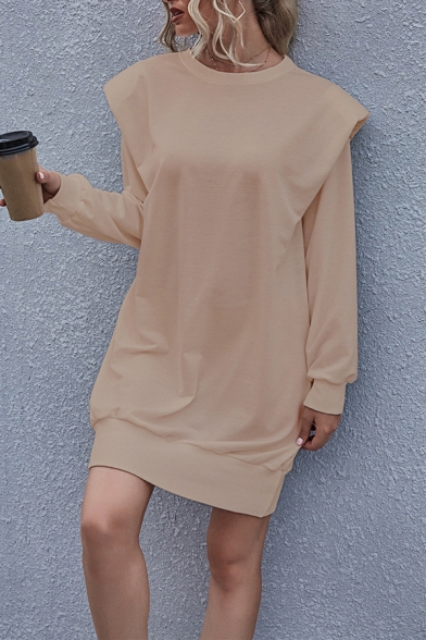 Fancy Women's Sweater Dress Solid Color Shoulder Pads Rib-Knitted Trim Long Sleeves Crew Neck Regular Fitted Sweater Dress