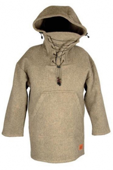 Mens Hoodie Casual Label Patch Drawstring Kangaroo Pocket Woolen Lace-up High Neck Regular Fitted Long Sleeve Tunic Hoodie