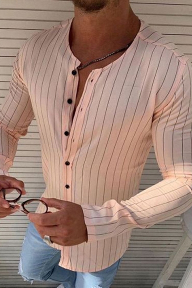 Mens Shirt Fashionable Vertical Pinstripe Print Button down Long Sleeve Crew Neck Slim Fitted Shirt