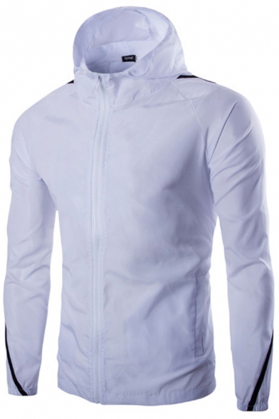 New Trendy Striped Number 3 Printed Long Sleeve Zip Closure Hooded Windbreaker Jacket