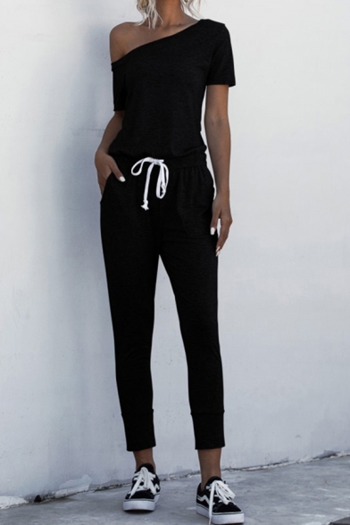 Novelty Womens Jumpsuit Plain Drawstring-Waist Slim Fitted Short Sleeve Sloping Shoulder Jumpsuit with Pockets