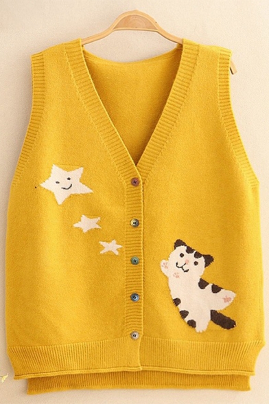Novelty Womens Sweater Vest Cat Star Embroidered Split Hem Button down Regular Fit V Neck Sleeveless Vest
