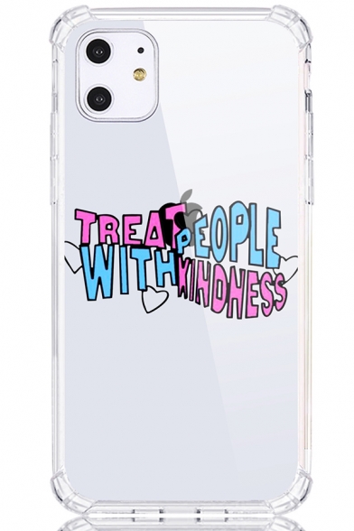 Phone Case Cool Heart Letter Treat People with Kindness Pattern Transparent Four-Corner Shatter Resistant Phone Case for iPhone