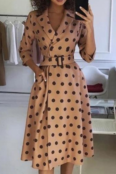 Retro Womens Dress Polka Dot Pattern Buckle Belted 3/4 Sleeve Midi Slim Fitted Lapel Collar A-Line Dress