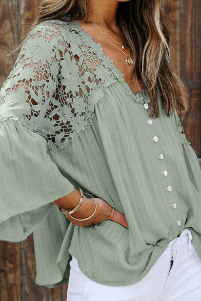 Stylish Women's Blouse Lace Trim Hollow out Broderie Detailed Patchwork Button-down V Neck Flare Cuff Sleeves Regular Fitted Shirt Blouse
