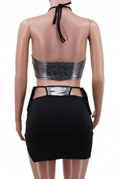 Stylish Women's Co-ords Contrast Trim Bright Design Backless Strapped Cropped Top with Drawstring Waist Hollow out Split Skirt