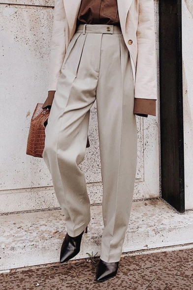Trendy Womens Pants Solid Color Pleated Detail Button Fly Long Tapered Suit Pants