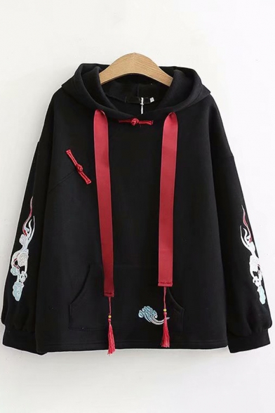 Tribal Style Women's Hoodie Cloud Embroidered Contrast Color Drawstring Front Pocket Frog Button Long Sleeves Relaxed Fit Hooded Sweatshirt