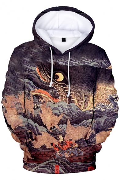 Ukiyo-e Style 3D Wave Fish Printing Long Sleeve Casual Loose Pullover Hoodie