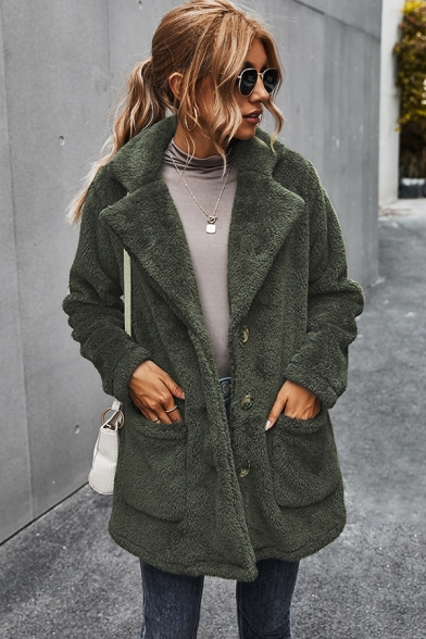 Unique Womens Jacket Solid Color Double Pockets Front Thickened Button up Regular Fitted Notched Lapel Collar Tunic Fur Jacket