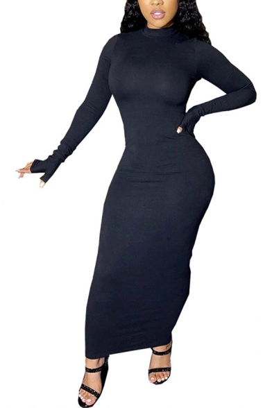 Vintage Womens Dress Solid Color Cut-out Back Long Sleeve Maxi Slim Fitted Mock Neck Bodycon Dress