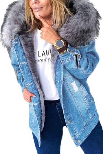 Vintage Womens Jacket Faded Wash Distressed Thick Flap Chest Pockets Fur-Lined Hood Mid Length Button up Slim Fit Long Sleeve Denim Jacket