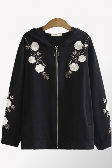 Vintage Womens Jacket Floral Embroidered Zipper Fly Hooded Long-sleeved Regular Fitted Jacket