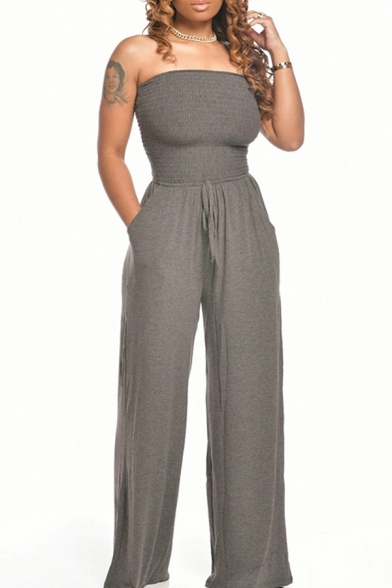 Vintage Womens Jumpsuit Solid Color Shirred Detail Drawstring-Waist Strapless Slim Fitted Sleeveless Wide Leg Jumpsuit