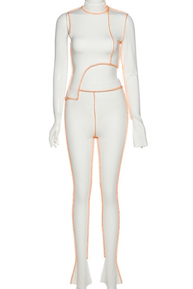 Womens Co-ords Trendy Contrast Flatlock Seam Asymmetric Hem Long Sleeve One Shoulder Tee Slim Fitted Pants Sport Co-ords